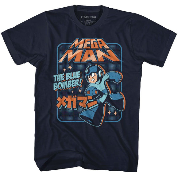 Mega Man-Graphic Blu Bomber-Navy Adult S/S T-Shirt - Navy