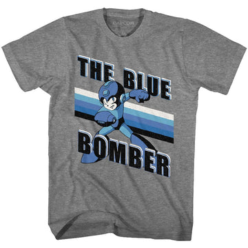 Mega Man-Blue Bomber Stripes-Graphite Heather Adult S/S T-Shirt - Graphite Heather
