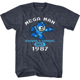 Mega Man-Run&Gun 1987-Navy Heather Adult S/S T-Shirt - Navy Heather