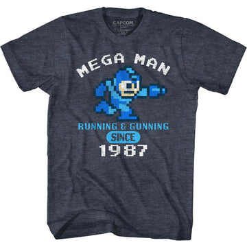 Mega Man-Run&Gun 1987-Navy Heather Adult S/S T-Shirt - Navy Heather