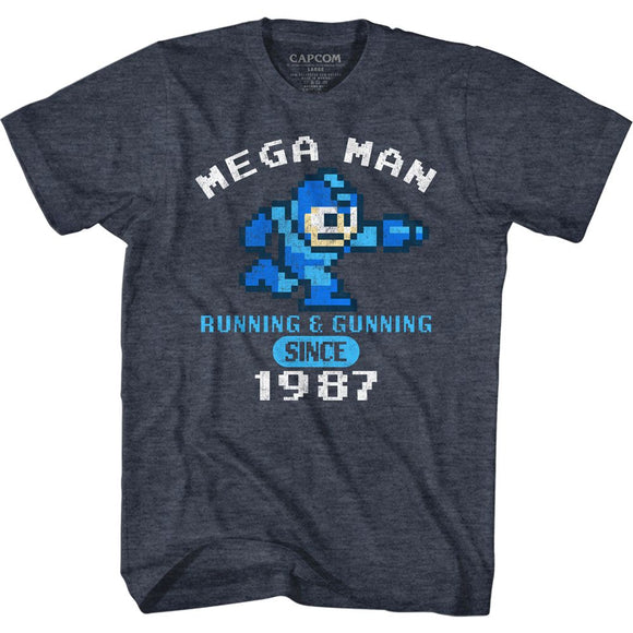 Mega Man-Run&Gun 1987-Navy Heather Adult S/S T-Shirt - Navy Heather
