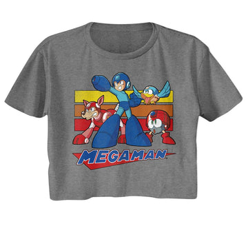 Mega Man-Mega Man Multi Color Rectangles-Graphite Heather Ladies S/S Festival Cali Crop-S - Graphite Heather