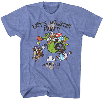 Monster Hunter-Airou Hunter-Light Blue Heather Adult S/S T-Shirt - Light Blue Heather