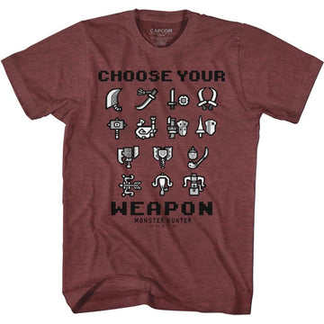 Monster Hunter-Choose Your Weapon-Vintage Maroon Heather Adult S/S T-Shirt - Vintage Maroon Heather