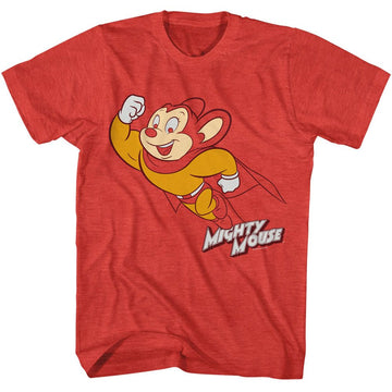 Mighty Mouse-Mighty Mouse Flying-Red Heather Adult S/S T-Shirt - Red Heather