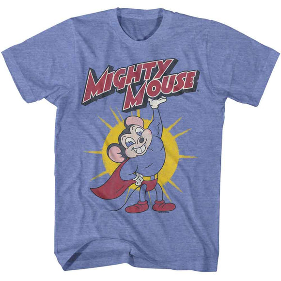Mighty Mouse-Mighty Mouse Lifting Logo-Light Blue Heather Adult S/S T-Shirt - Light Blue Heather