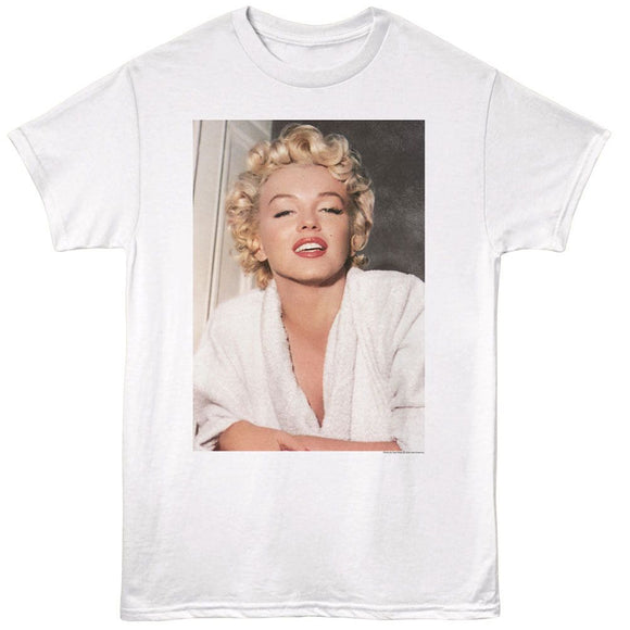 Marilyn Monroe-Marilyn Monroe Bathrobe Photo-White Adult S/S T-Shirt - White