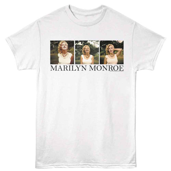 Marilyn Monroe-Marilyn Monroe Three Photos Outdoors-White Adult S/S T-Shirt - White