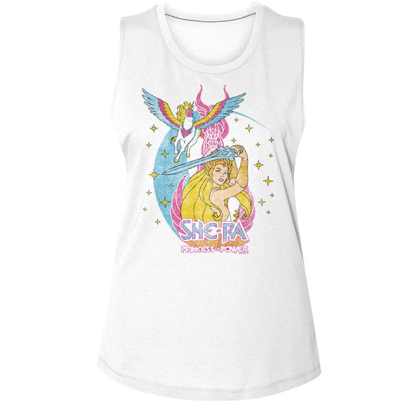 Masters Of The Universe-Motu She Ra Swiftwind Stars-White Ladies Muscle Tank S - White