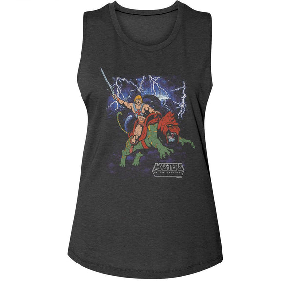Masters Of The Universe-Motu Battlecat Charge-Charcoal Ladies Muscle Tank-S - Charcoal