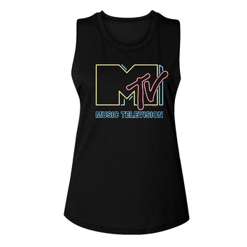 Mtv-Mtv Neon Sign Logo-Black Ladies Muscle Tank-S - Black