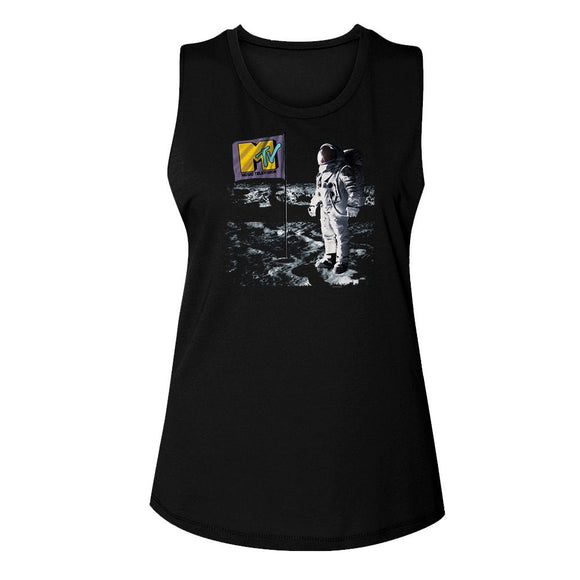 Mtv-Mtv Flag On Moon-Black Ladies Muscle Tank-S - Black