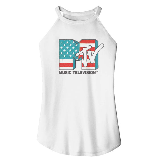 Mtv-Mtv American Flag-White Ladies Sleeveless Rocker Tank-S - White
