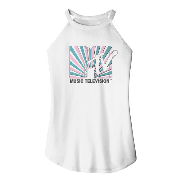 Mtv-Mtv Stripes-White Ladies Sleeveless Rocker Tank-S - White