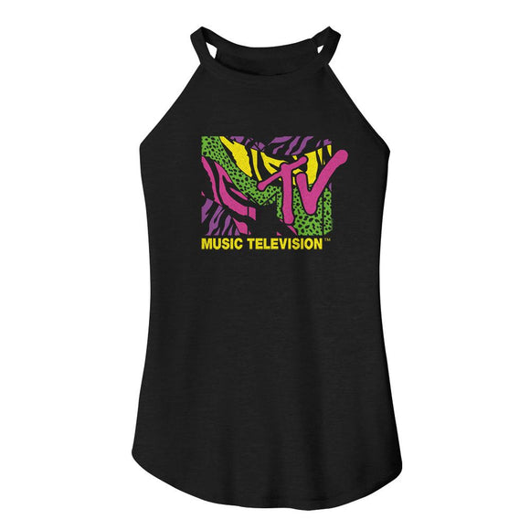Mtv-Mtv Leopard And Zebra Logo-Black Ladies Sleeveless Rocker Tank-S - Black