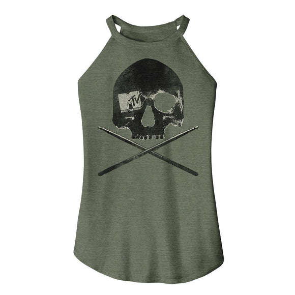 Mtv-Mtv Skull And Sticks-Military Green Ladies Sleeveless Rocker Tank-S - Military Green
