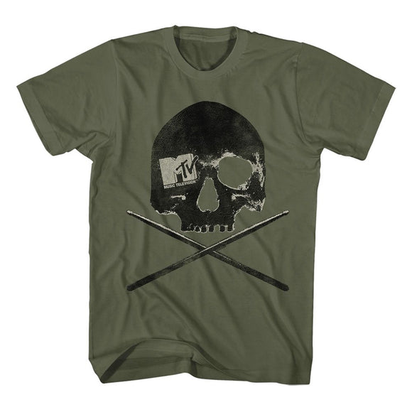 Mtv-Mtv Skulls And Sticks-Military Green Adult S/S T-Shirt - Military Green