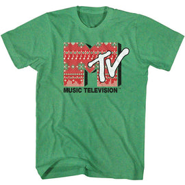 Mtv-Mtv Christmas Sweater-Kelly Heather Adult S/S T-Shirt - Kelly Heather