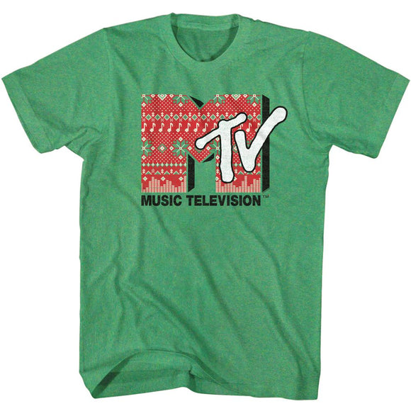 Mtv-Mtv Christmas Sweater-Kelly Heather Adult S/S T-Shirt - Kelly Heather