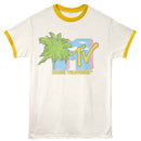 MTV Palm Tree Vintage White Mellow Yellow Ringer Adult T-Shirt