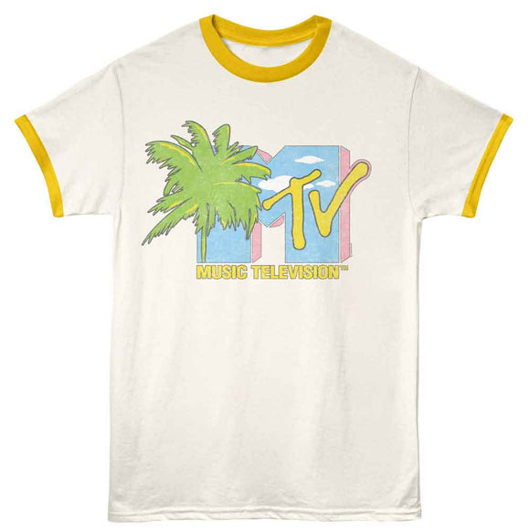 MTV Palm Tree Vintage White Mellow Yellow Ringer Adult T-Shirt