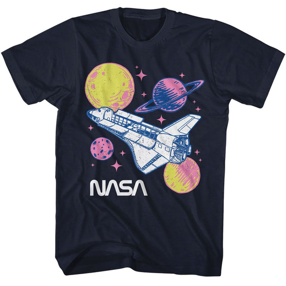 Nasa-Nasa Pastel Planets-Navy Adult S/S T-Shirt - Navy