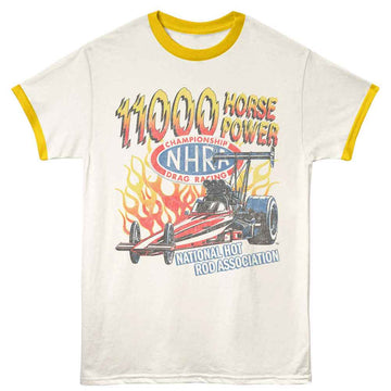 NHRA 11K Horsepower Vintage White Mellow Yellow Ringer Adult T-Shirt