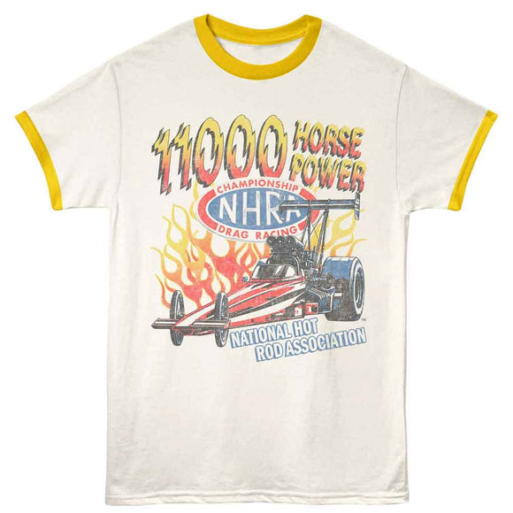 NHRA 11K Horsepower Vintage White Mellow Yellow Ringer Adult T-Shirt