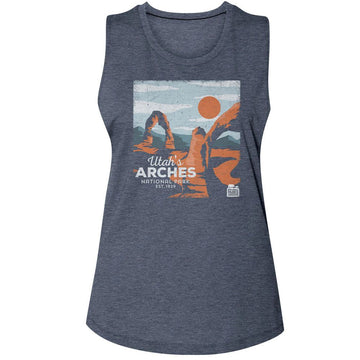 NATIONAL PARKS NPCA UTAHS ARCHES LADIES MUSCLE TANK S T-Shirt in Antique Denim