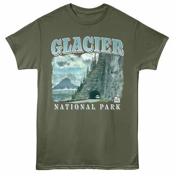 National Parks Glacier Live Tunnel Military Green Adult T-Shirt