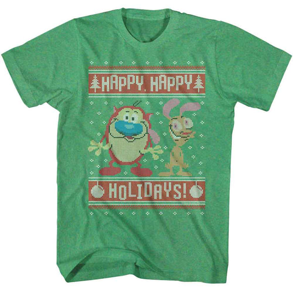 REN AND STIMPY HAPPY HAPPY HOLIDAYS S T-Shirt in Kelly Heather