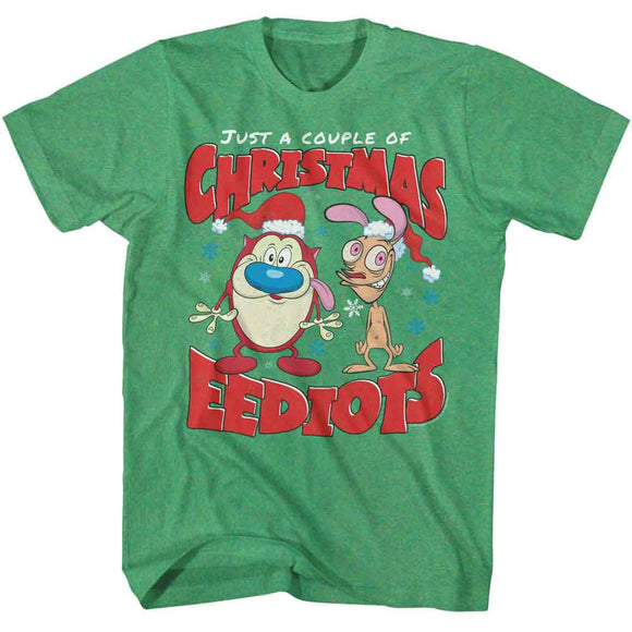 REN AND STIMPY CHRISTMAS EEDIOTS S T-Shirt in Kelly Heather