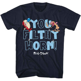 REN AND STIMPY YOU FILTHY WORM S T-Shirt in NAVY