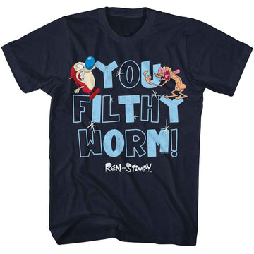 REN AND STIMPY YOU FILTHY WORM S T-Shirt in NAVY