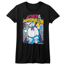 THE REAL GHOSTBUSTERS MARSHMALLOW ATTACKS LADIES S T-Shirt in Black