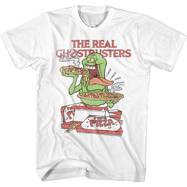 THE REAL GHOSTBUSTERS SLIMER AND PIZZA S T-Shirt in White