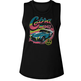 CARROLL SHELBY COLORFUL 1962 COBRA LADIES MUSCLE TANK S T-Shirt in Black