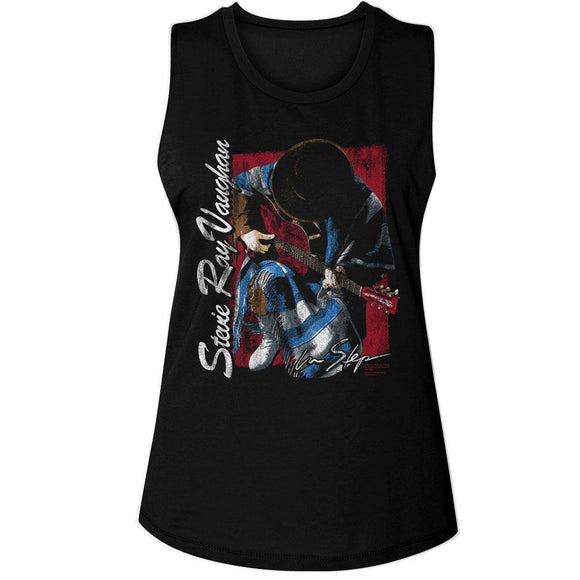 STEVIE RAY VAUGHAN KNEELING LADIES MUSCLE TANK S T-Shirt in Black