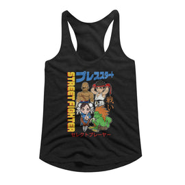 STREET FIGHTER CHIBI WITH KANJI LADIES SLIMFIT RACERBACK S T-Shirt in Black