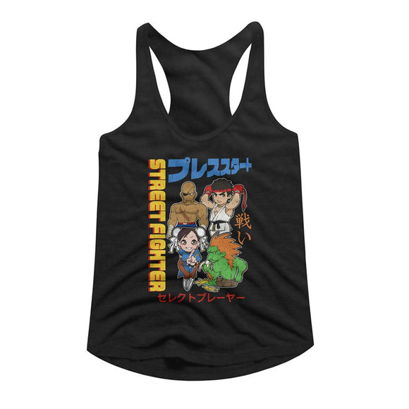 STREET FIGHTER CHIBI WITH KANJI LADIES SLIMFIT RACERBACK S T-Shirt in Black