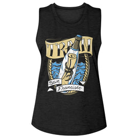 TRAIN MESSAGE IN A BOTTLE LADIES SLUB SLEEVELESS T-Shirt in Black