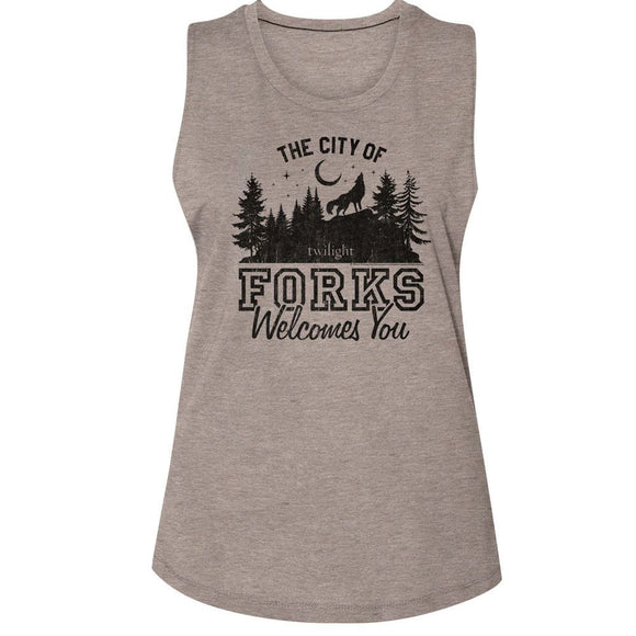 TWILIGHT THE CITY OF FORKS LADIES MUSCLE TANK S T-Shirt in ASH