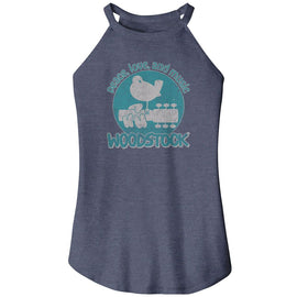 WOODSTOCK PEACE LOVE AND MUSIC LADIES SLEEVELESS T-Shirt in NAVY Frost