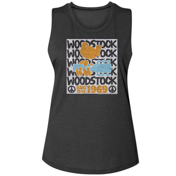 WOODSTOCK STACKED LADIES NA MUSCLE TANK S T-Shirt in Charcoal