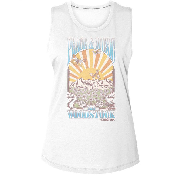 WOODSTOCK PEACE AND MUSIC LANDSCAPE LADIES MUSCLE TANK T-Shirt in White