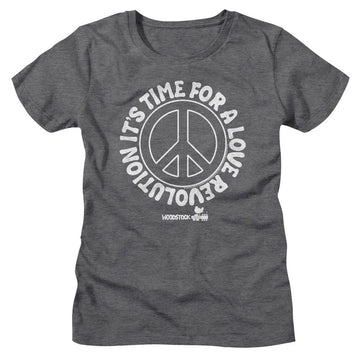 WOODSTOCK LOVE REVOLUTION PEACE SIGN LADIES S T-Shirt in DEEP Heather