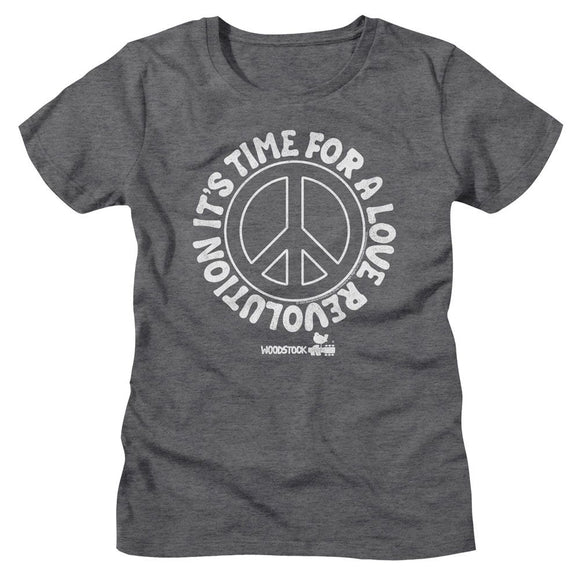 WOODSTOCK LOVE REVOLUTION PEACE SIGN LADIES S T-Shirt in DEEP Heather