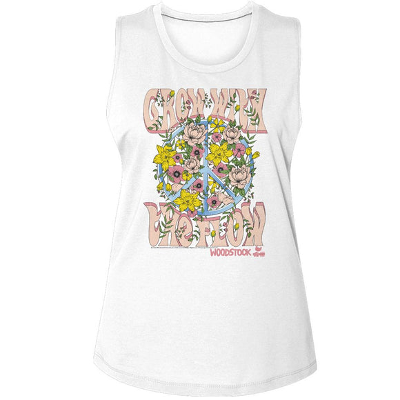 WOODSTOCK GROW WITH THE FLOW LADIES MUSCLE TANK S T-Shirt in White