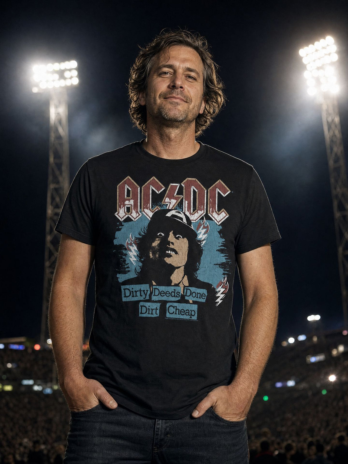 Man wearing the officially licensed AC/DC Dirty Deeds Done Dirt Cheap T-shirt at a stadium at night. AI-generated lifestyle image.