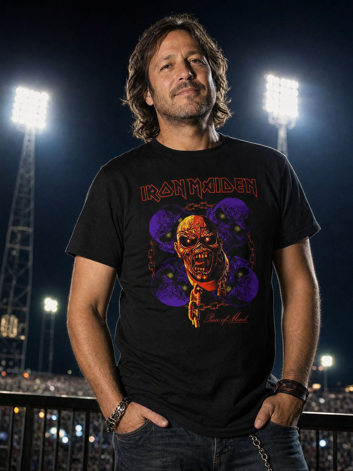 Man wearing the officially licensed Iron Maiden Piece of Mind T-shirt outside a stadium at night. AI-generated lifestyle image.